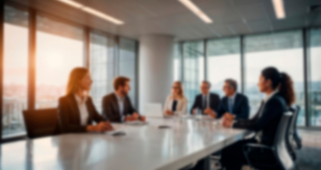 People sat around a table having a business meeting